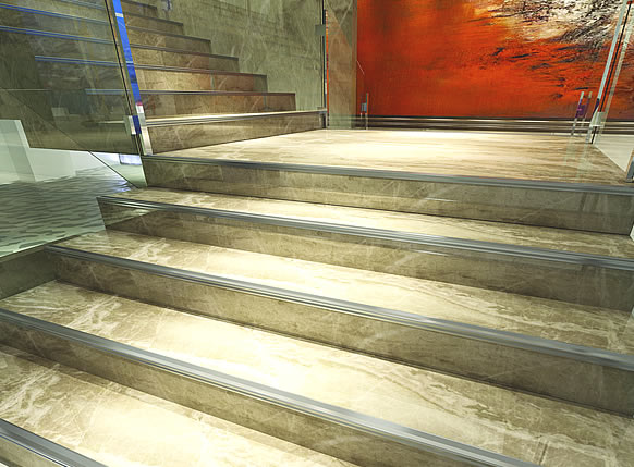 Our tile stair edging products create a clean and highly functional addition to tiled stairways.